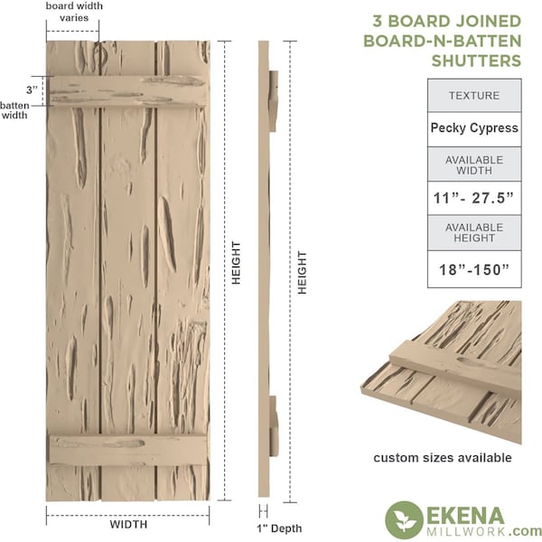 Rustic Three Board Joined Board-n-Batten Pecky Cypress Faux Wood Shutters, 16 1/2W X 46H